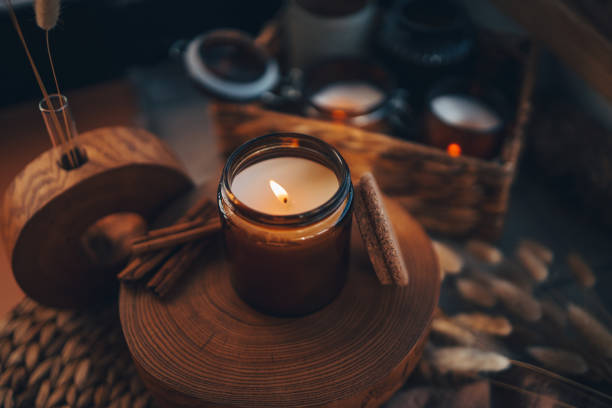 istock Burning candle in home interior, aesthetics 1477491043