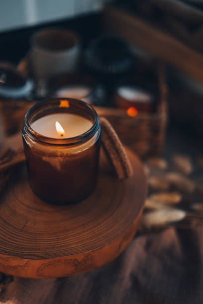 istock Burning candle in home interior, aesthetics 1477491045