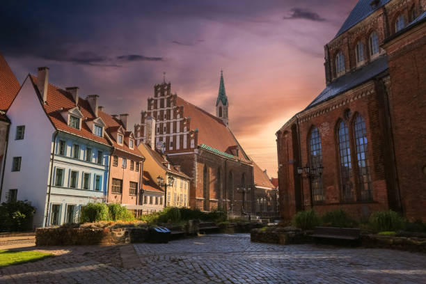 Architectural landmarks St.Peter`s and St.John`s church in the historical old town in Riga