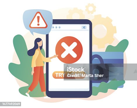 istock Payment error. Smartphone app with cross checkmark. Cashless NFC payment failed. Online transaction canceled. Try again. Modern flat cartoon style. Vector illustration on white background 1477492069