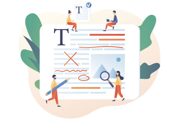 winzige leute texter bearbeiten, überprüfen grammatik und rechtschreibung dokumentseite. redaktions- und texterstellungsdienste online. moderner flacher cartoon-stil. vektorillustration auf weißem hintergrund - content informationsmedium stock-grafiken, -clipart, -cartoons und -symbole