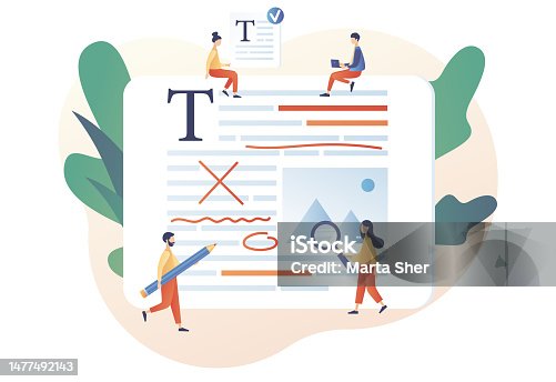 istock Tiny people copywriters  editing, checking grammar and spelling document page. Editor and copywriting services online. Modern flat cartoon style. Vector illustration on white background 1477492143