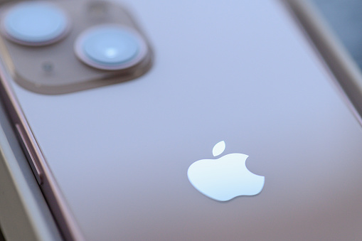 iPhone 13 mini detail, focus on rear logo