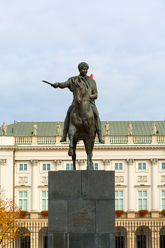 Warsaw, Poland -October 17, 2019: Statue of prince Poniatowski in front of Presidential Palace on the street Krakowskie Przedmiescie.