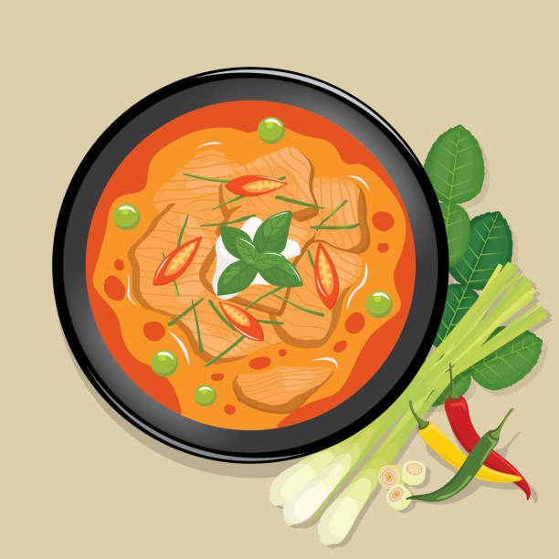 ilustraciones, imágenes clip art, dibujos animados e iconos de stock de curry rojo tailandés en vector - panang curry