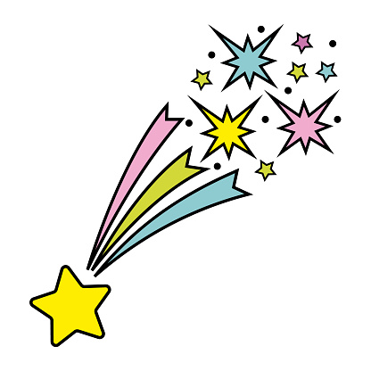 Multicolored star comet, salute. Color isolated vector illustration in cartoon style