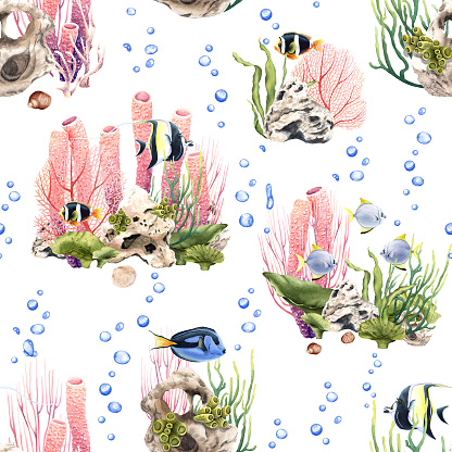 Watercolor seamless pattern with coralls and exotic fishes. Illustration isolated on white background for wrapping, wallpaper, fabric, textile