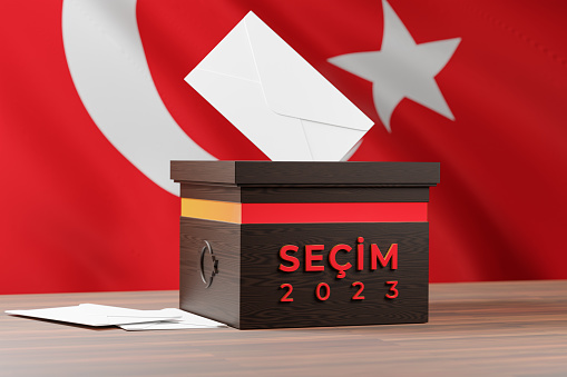 Turkey Elections Concept with ballot paper Envelope and Turkish Flag background. Vote 3D Render