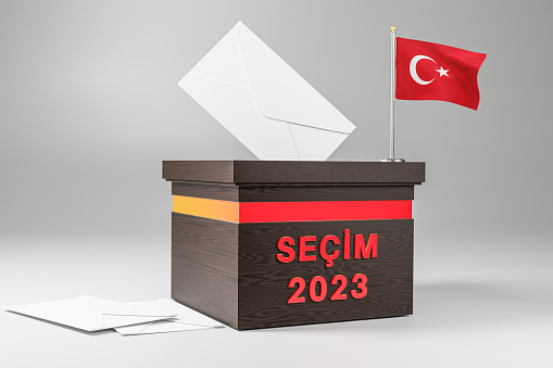 Turkey Elections Concept with ballot paper Envelope and Turkish Flag background. Vote 3D Render