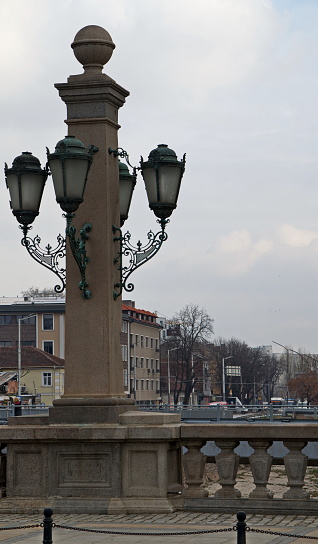 Sofia, Bulgaria -  January 14, 2023: Part of Lions Bridge with original inscription 1889 and lanterns, Sofia, Bulgaria. Visit in place.