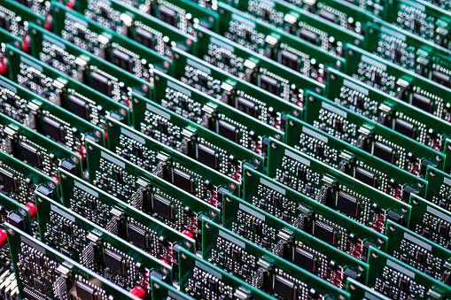 View of Batch of Ready Automotive Printed Circuit Boards with Surface Mounted Components. Horizontal Image Orientation