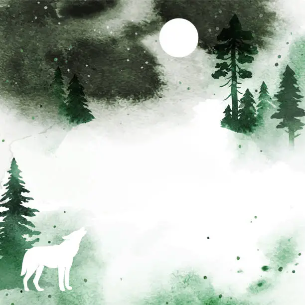 Vector illustration of Vector dark template with coniferous trees, wolf and place for text. Silhouette of wolf howling at the full moon. Forest and animal under night sky