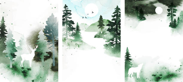 Set watercolor vector templates with landscape, isolated animals, birds, forest and place for text. Nature illustration for poster, book, banner, flyer, card. Size A4 Set watercolor vector templates with landscape, isolated animals, birds, forest and place for text. Nature illustration for poster, book, banner, flyer, card. Size A4 mountain borders stock illustrations