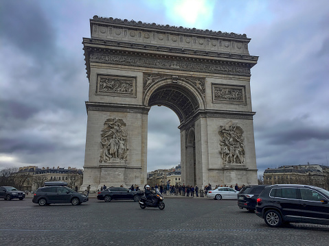 Paris, France - March 2016: Traffic around Arc de Triomphe