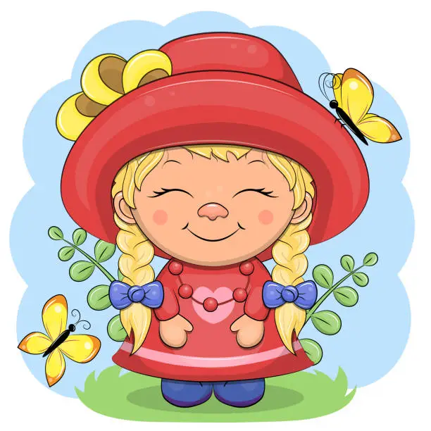 Vector illustration of Cute cartoon girl with two braids in a red hat and dress.