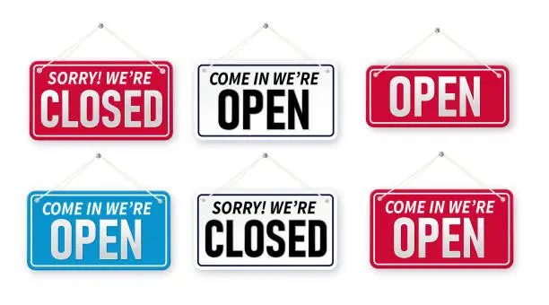 Vector illustration of Set of bussiness hanging signboard, we're open and closed. Closed and open. Red sign Sorry we are closed for holidays, with shadow isolated on red background. Vector