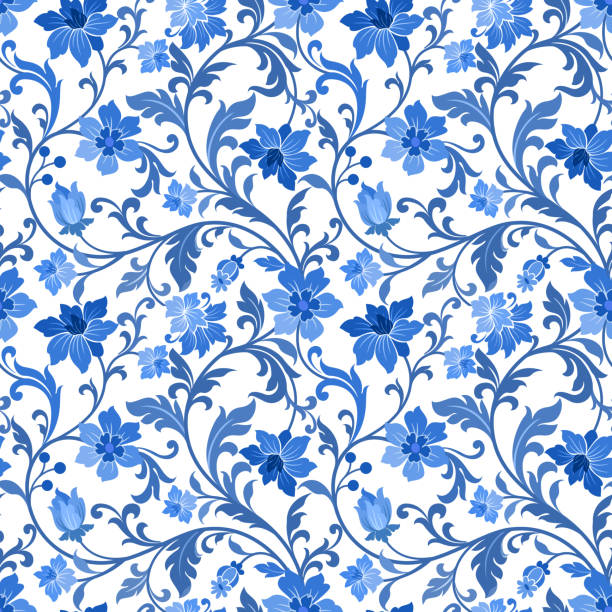 blaues monochromes blumenornament-design. - floral pattern decor art backgrounds stock-grafiken, -clipart, -cartoons und -symbole