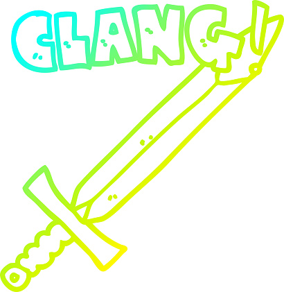 cold gradient line drawing of a cartoon clanging sword