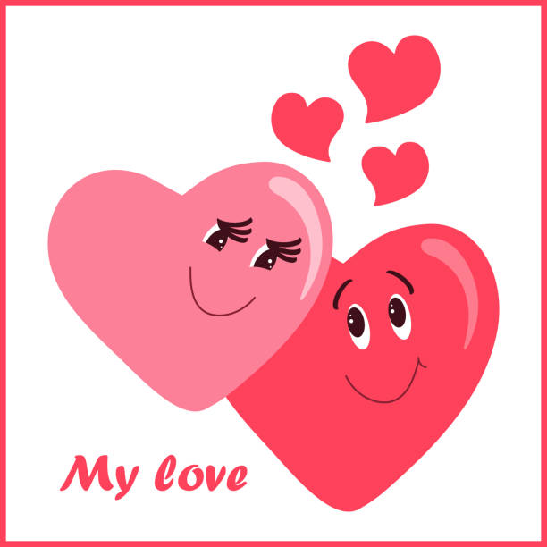 istock Two cartoon hearts in love playfully look at each other. 1477496340