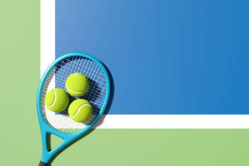 Overhead view of female tennis player playing match in tennis court.