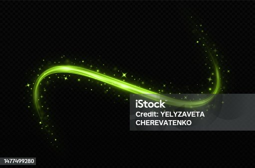 istock Magic sparkle trail. Glowing wavy lines on transparent background. 1477499280