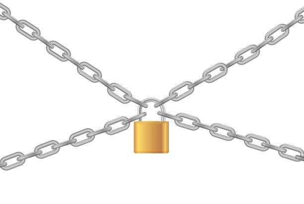 istock Padlock and chain. Gold metal chain and padlock, handcuffed card, vector 1477500352