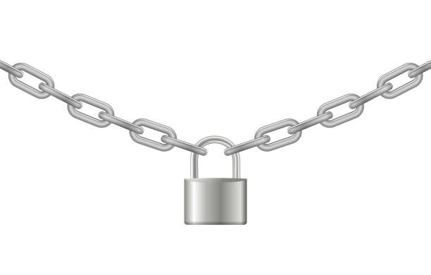 istock Padlock and chain. Gray metal chain and padlock, handcuffed card, vector 1477500467