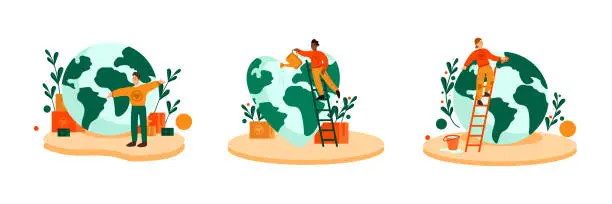 Vector illustration of Set of different multiracial volunteers taking care of environment