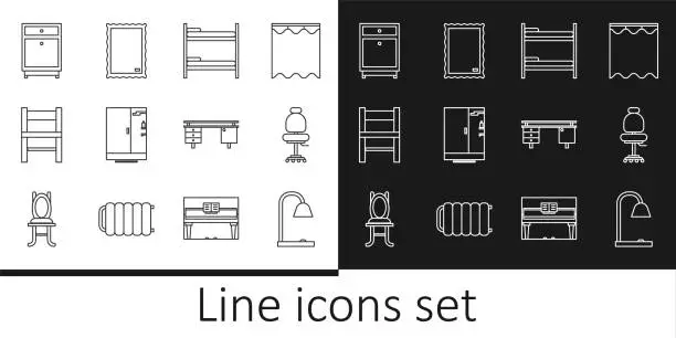 Vector illustration of Set line Table lamp, Office chair, Bunk bed, Shower cabin, Chair, Furniture nightstand, desk and Picture icon. Vector