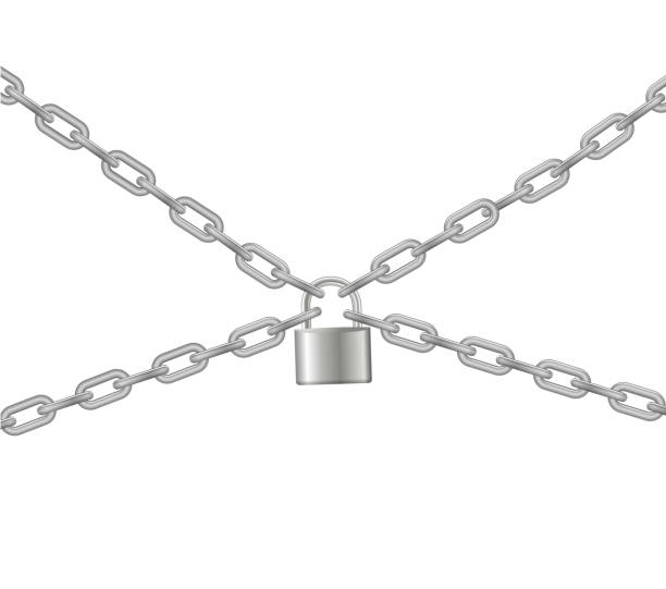 istock Padlock and chain. Gray metal chain and padlock, handcuffed card, vector 1477500652