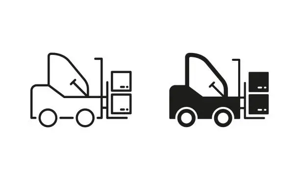 Vector illustration of Forklift Truck Silhouette and Line Icon Set. Fork Lift on Warehouse Pictogram. Cargo Machine Loader Icon. Delivery Service Transportation Equipment. Editable Stroke. Isolated Vector Illustration