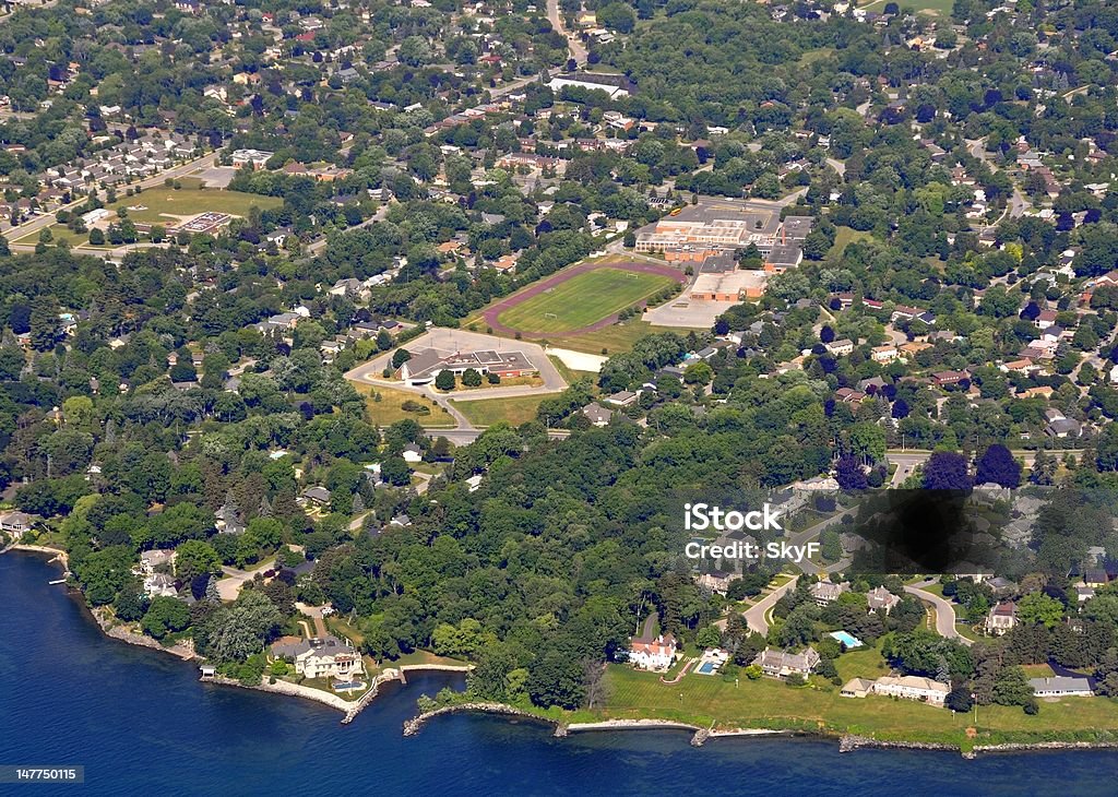 Oakville residential, aerial aerial view of Thomas A. Blakelock High School and High end residential neighborhood along the shore of Lake Ontario, Oakville, Ontario Canada Oakville - Ontario Stock Photo