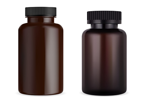 Brown pill bottle. Amber plastic vitamin capsule jar. Supplement tablet packaging set, round box. Remedy drug bottle mockup sample, isolated illustration. Pharmacy product vector package