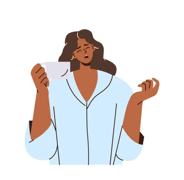 Vector illustration of Sleepy woman character wearing pajamas yawning while drinking morning coffee trying to wake up