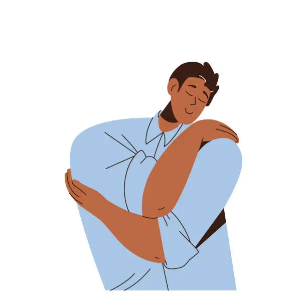 Vector illustration of Young smiling man character positive thinking hugging himself feeling happiness and comfort
