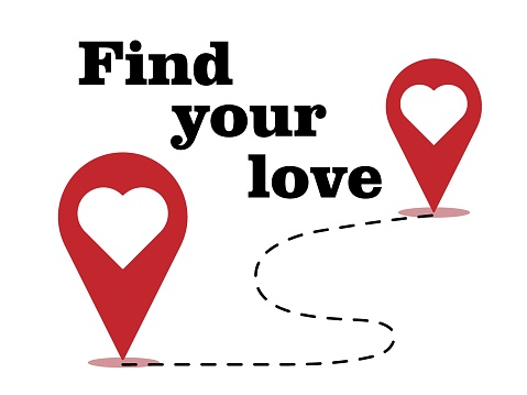 Vector card design with heart shaped location pin, love quote, find your love, vector illustration. Happy Valentine's Day.