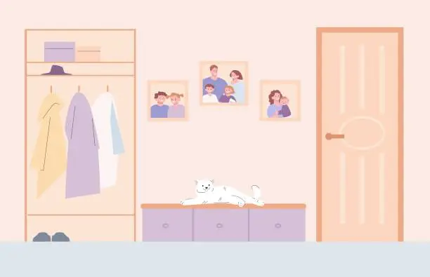 Vector illustration of Cat alone at home in hallway. Cute kitty wait, family house corridor interior. Happy parents with kids on pictures in frames, vector interior concept