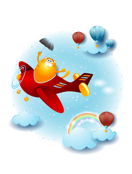 istock Sky landscape with funny cat and airplane, vector illustration esp10 1477505375