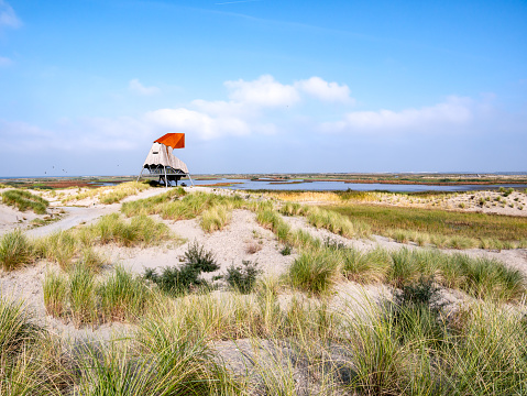 Watch tower in sand dunes and marshland on Marker Wadden island in Markermeer, Netherlands
