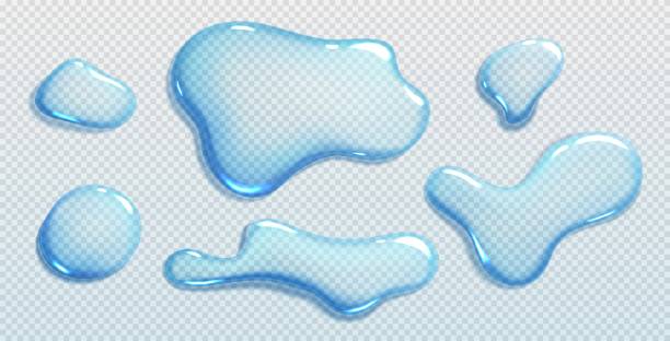 Liquid spills, water drops and puddles Liquid spills, water drops and puddles isolated on transparent background. Clear droplets of pure aqua, blue cosmetic serum or gel in top view, vector realistic set puddle stock illustrations