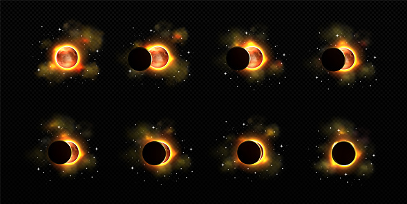 Sun and moon in solar eclipse in different phases. Outer space with total and partial solar eclipse, stars and smoke isolated on transparent background, vector realistic illustration