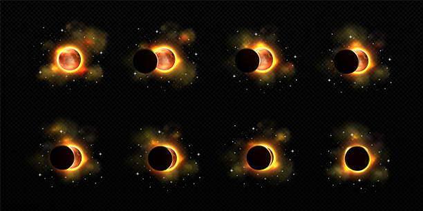 Sun and moon in solar eclipse in different phases Sun and moon in solar eclipse in different phases. Outer space with total and partial solar eclipse, stars and smoke isolated on transparent background, vector realistic illustration eclipse stock illustrations