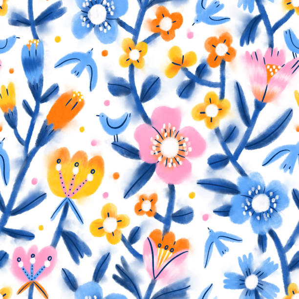 Spring inky bloom garden seamless pattern - ilustração de arte vetorial