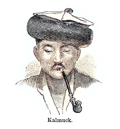 Historic depiction of a Kalmuck man - Mongolian origin living chiefly in Kalmykia from out-of-copyright 1898 book 