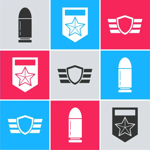 Vector illustration of Set Bullet , Chevron and Military reward medal icon. Vector