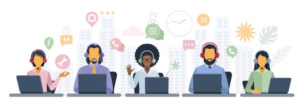 Hotline Operators Help Clients to Solve Problems. Customer service. Call center. Hotline operators with headphones on laptop screen. vector art illustration