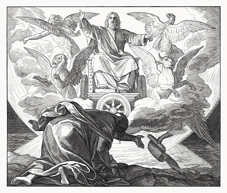 The prophet Ezekiel - A Vision of God’s Glory (Ezekiel 1, 28). Wood engraving by Julius Schnorr von Carolsfeld (German painter, 1794 - 1872), published in 1860.
