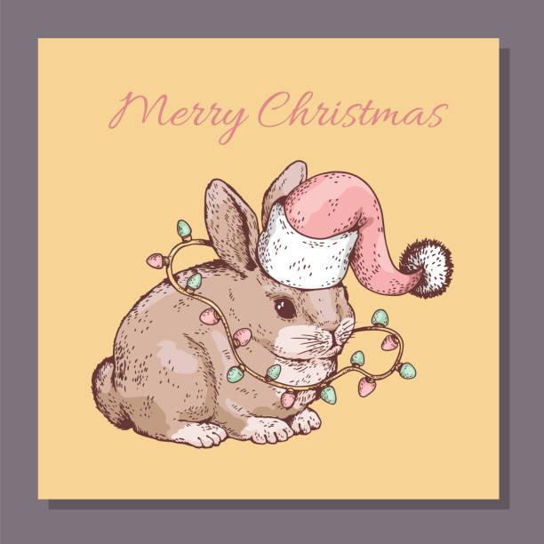 istock Cute rabbit in Santa Claus hat and fairy lights, Christmas greeting card - sketch vector illustration. 1477513462
