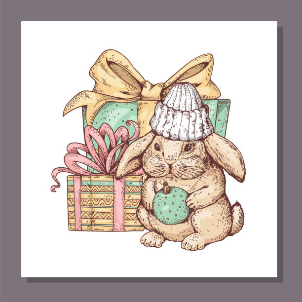 istock Fluffy rabbit with basket full of Christmas balls, vector illustration isolated. 1477513474