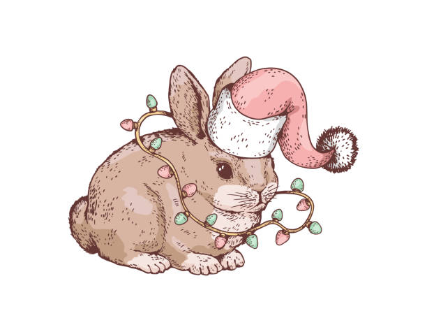 istock Cute funny rabbit sitting in Christmas hat and with garland sketch style 1477513538